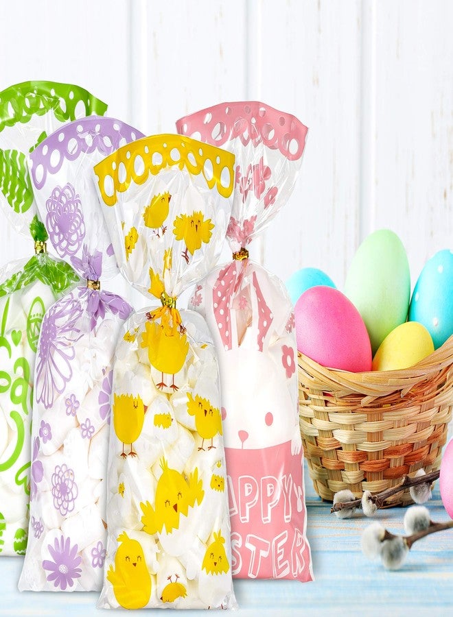 Whaline 160pcs Easter Cellophane Treat Bags with 200pcs Gold Twist Ties, Easter Egg Bunny Colorful Plastic Cello Candy Sweet Gift Chick Flower Bags for Party Table Decor, 4 Designs - Image 5